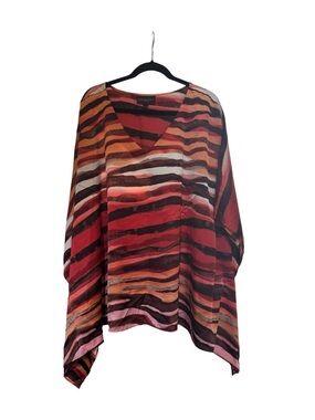 Dana Buchman Multicolor Striped V-Neck Tunic - Red, Orange, Black, Pink